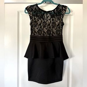Black peplum cocktail/formal dress with patterned sheer lace overlay